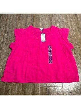 Three Dots Double Gauze V Neck Top Fuchsia New Womens